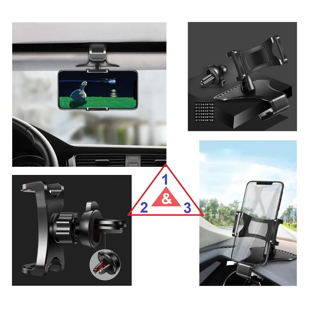 3 in 1 Car GPS Smartphone Holder: Dashboard / Visor Clamp   AC Grid Clip for ZTE nubia Z17 miniS - Black