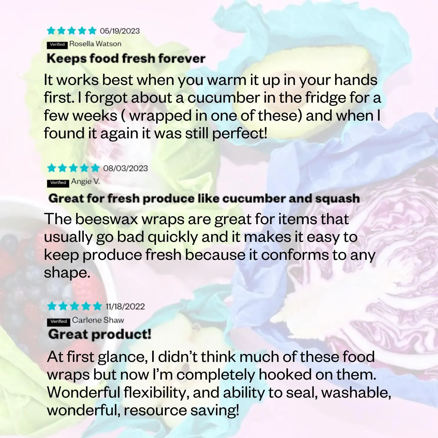 Beeswax Food Wrap Sampler - 2 small Wraps, 2 Medium Wraps, 1 Large Wrap