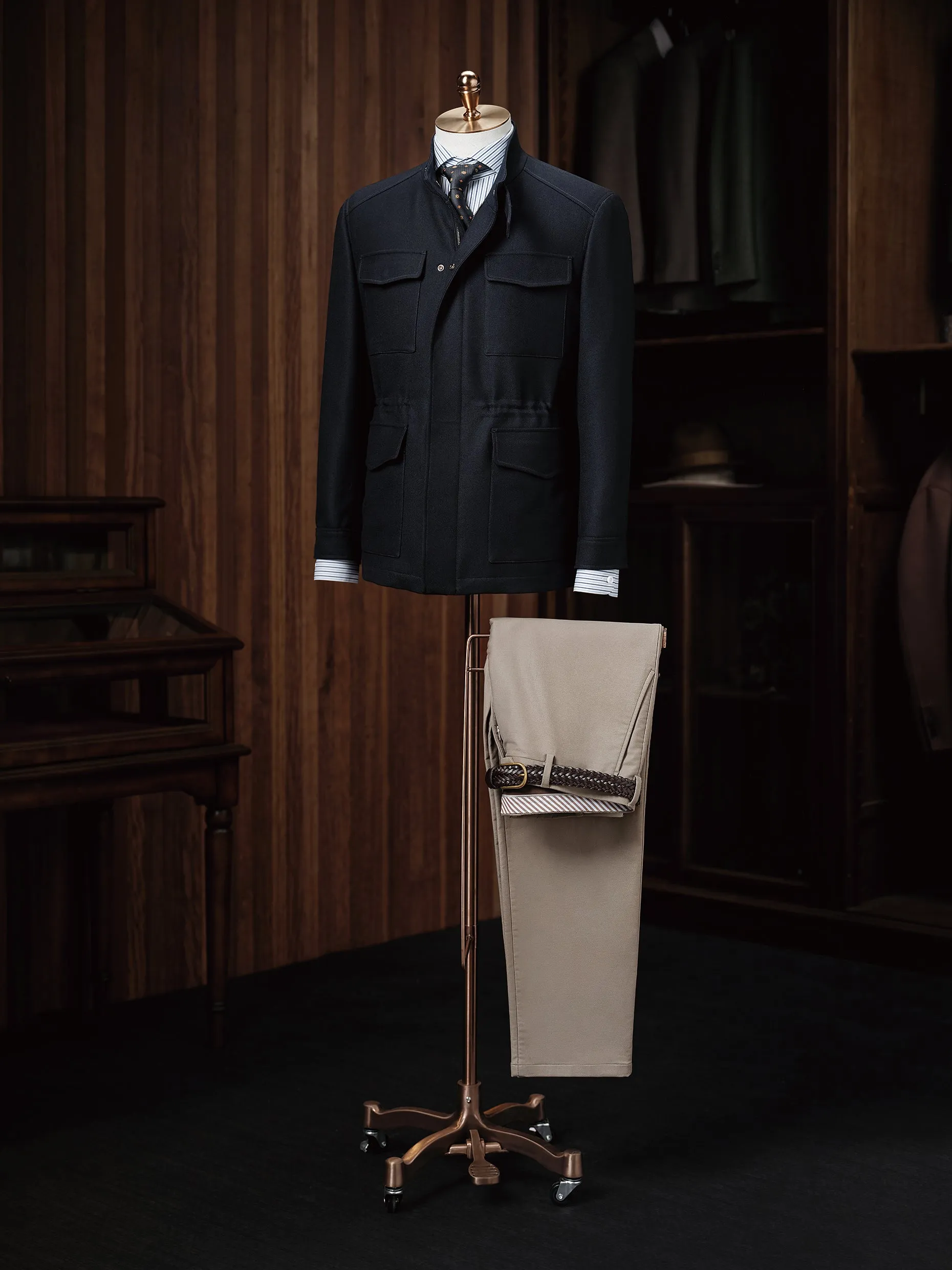 Navy Utility Jacket & Beige Trousers