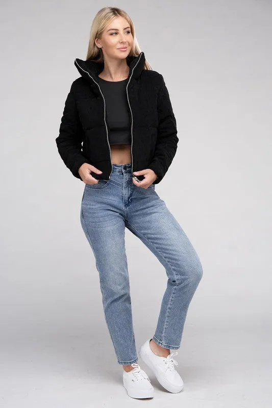 Soft Corduroy Zip-Up Jacket with High Collar and Pockets