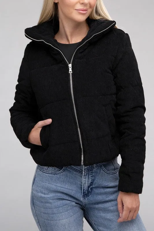 Soft Corduroy Zip-Up Jacket with High Collar and Pockets