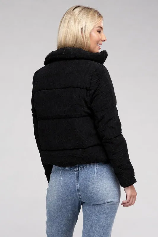Soft Corduroy Zip-Up Jacket with High Collar and Pockets