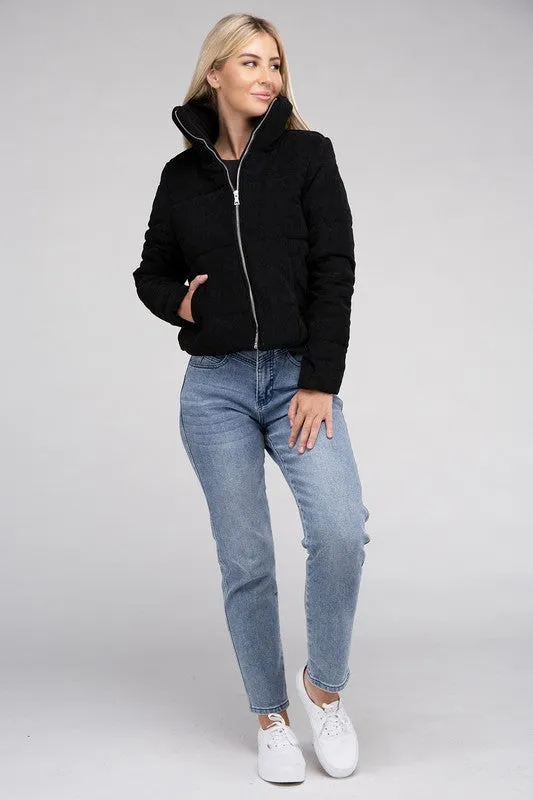Soft Corduroy Zip-Up Jacket with High Collar and Pockets