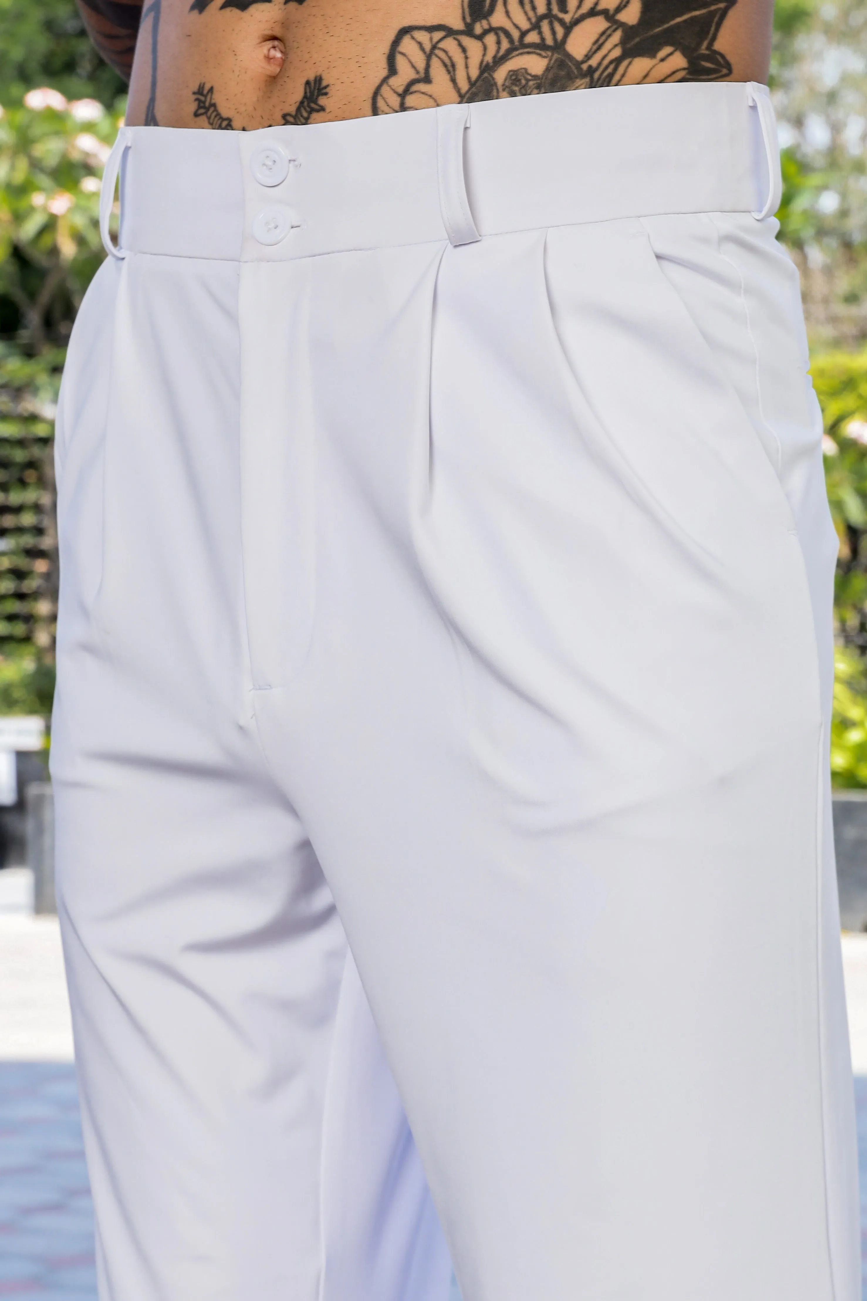 White Baggy fit Street Savvy Double Pleated Korean Trousers