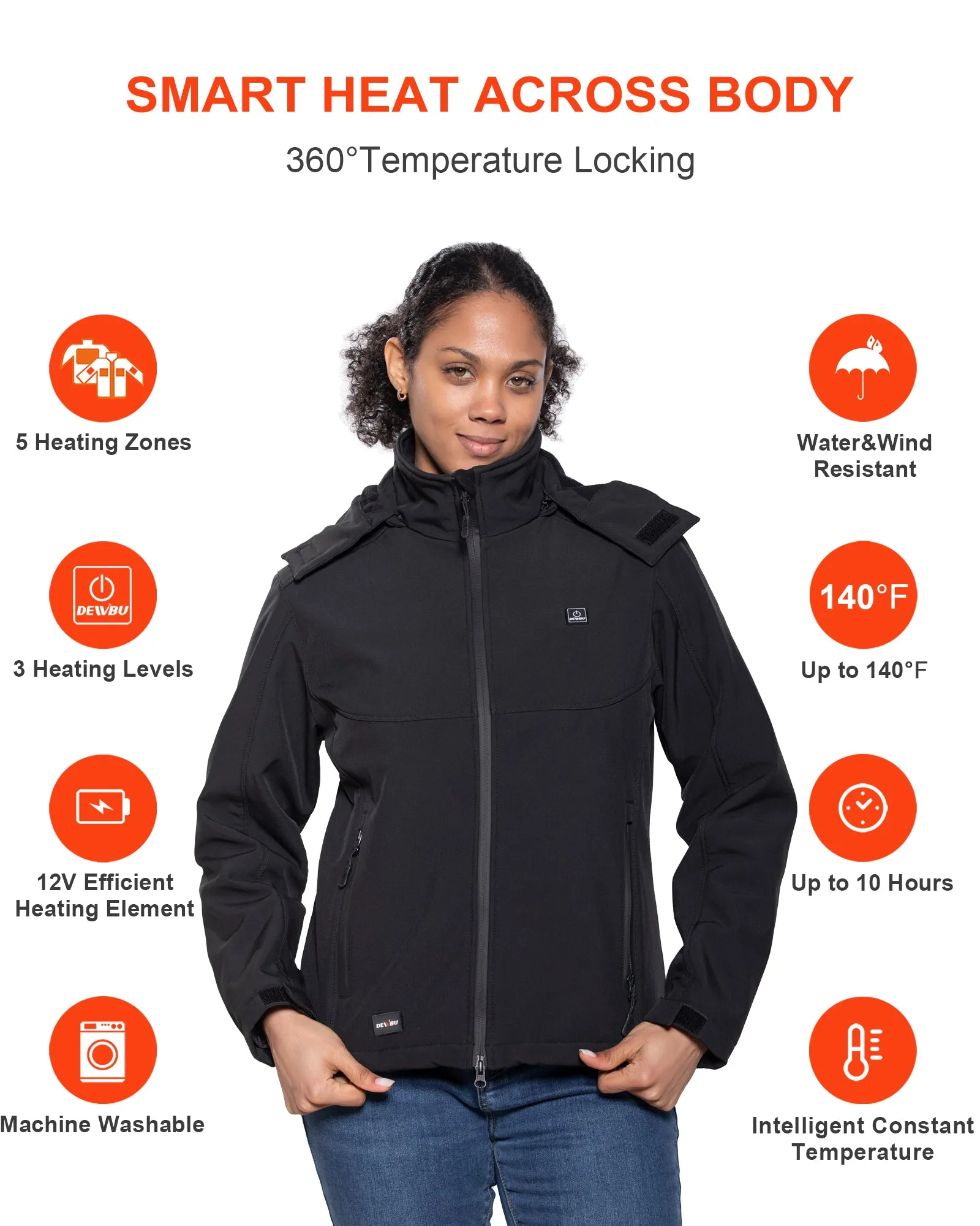 Women's Heated Jacket Detachable Hood With 12V Battery Pack - Black